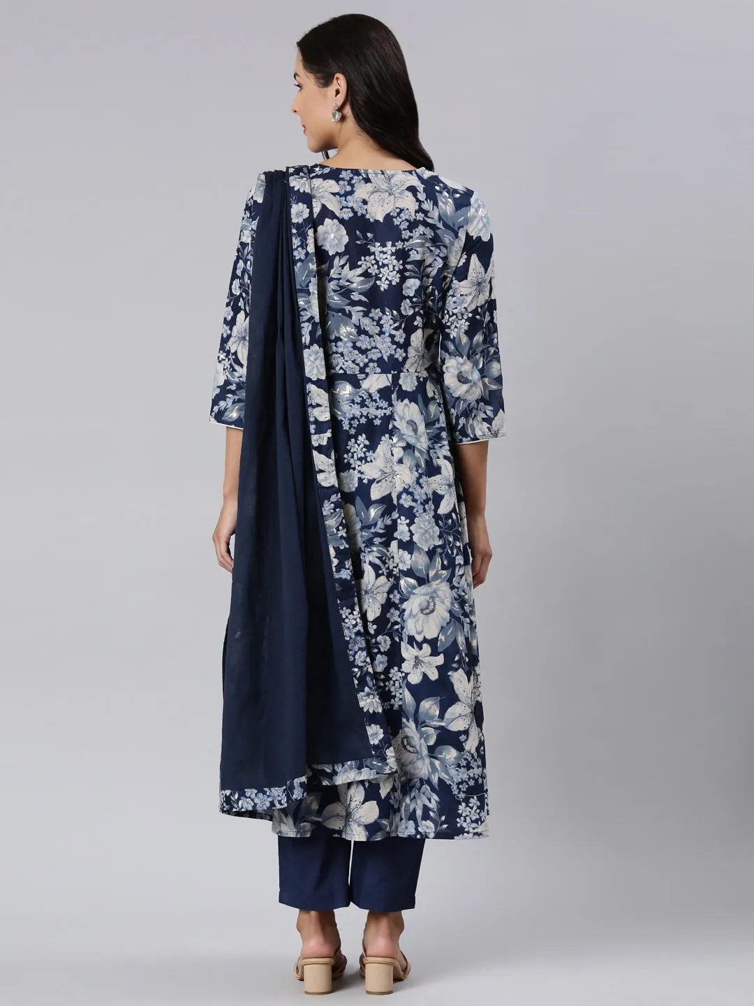 Neerus Navy Blue Panelled Printed Kurta And Trousers With Dupatta