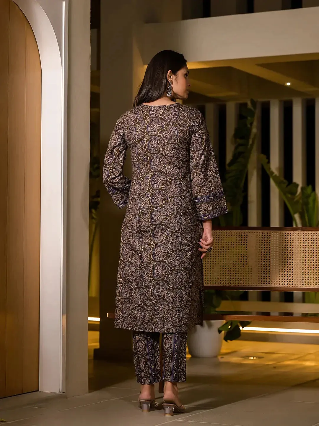 Olive Pure Cotton Paisley Print Pakistani Style Kurta And Trousers With Dupatta Set