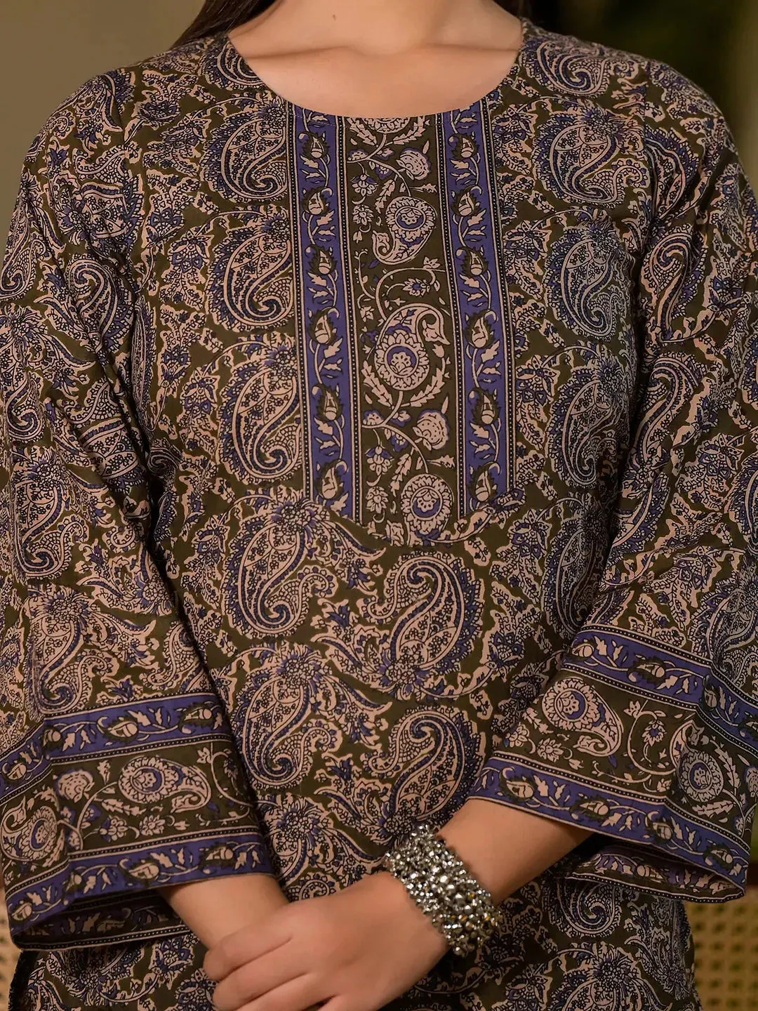 Olive Pure Cotton Paisley Print Pakistani Style Kurta And Trousers With Dupatta Set