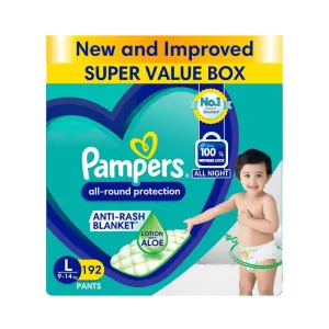 Pampers All round Protection Pants Style baby Diapers, Large (L) Size, 192 Count, Anti Rash Blanket, Lotion with Aloe Vera, 9-14kg Diapers