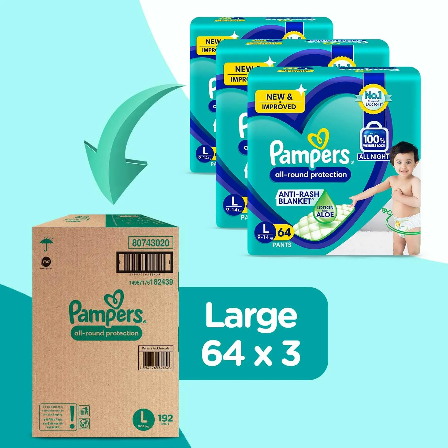 Pampers All round Protection Pants Style baby Diapers, Large (L) Size, 192 Count, Anti Rash Blanket, Lotion with Aloe Vera, 9-14kg Diapers