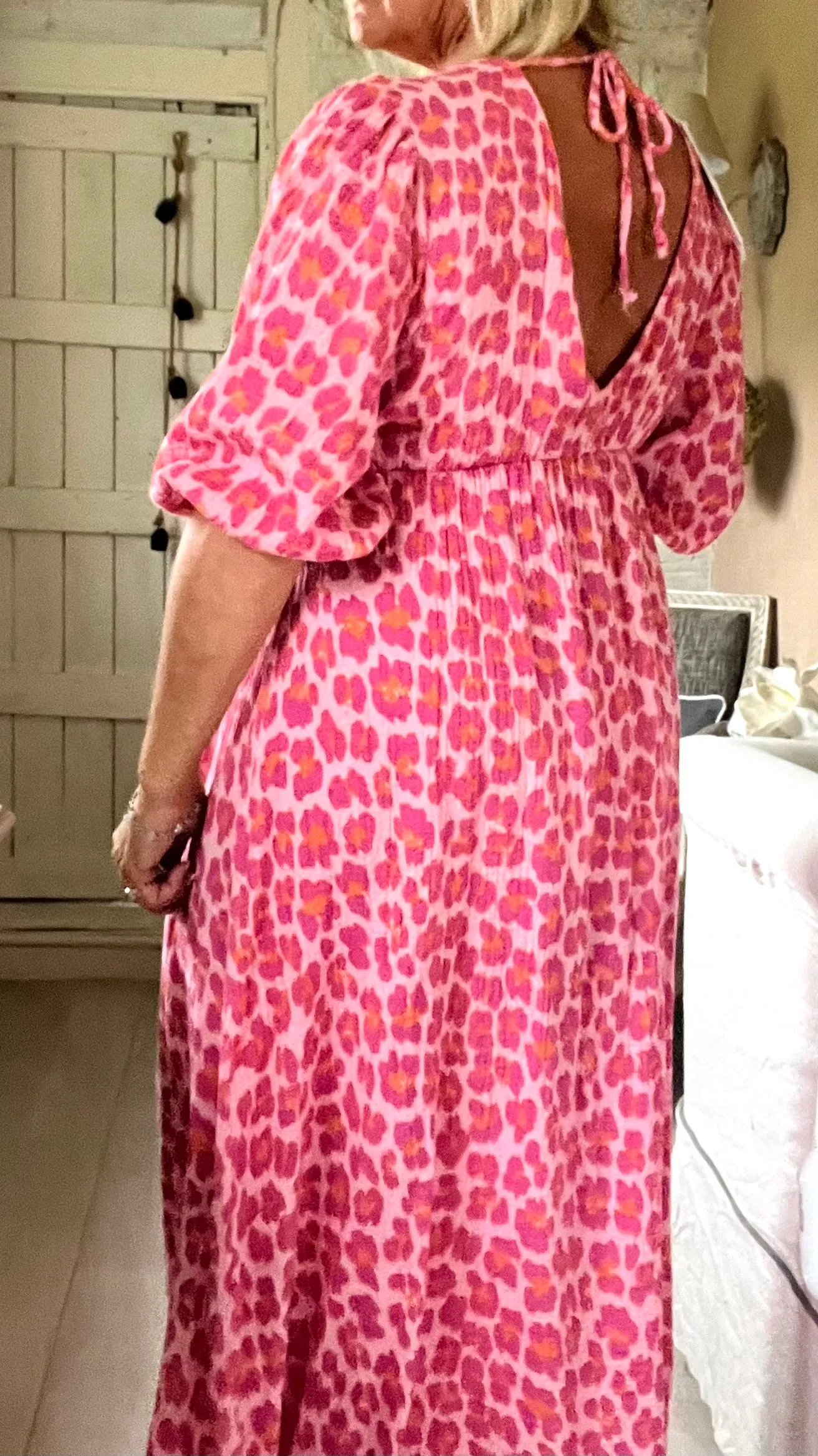 Sicily long sleeved v neck cheesecloth maxi sundress in pink leopard print