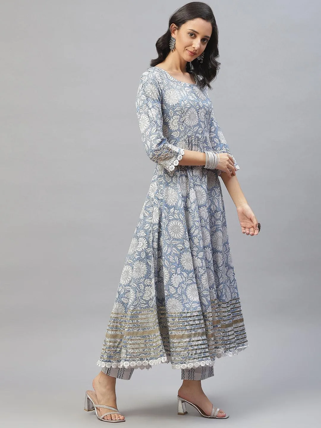 Sky Blue Hand Block Printed Anarkali Kurta Pant Set With Dupatta