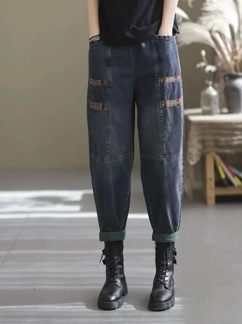 Spring and Autumn Casual Denim Loose patch Harem Bottom Pants