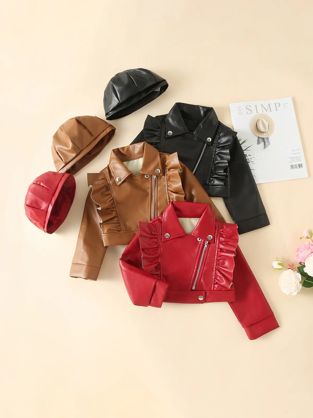 Stylin' Ruffle Trim PU Crop Jacket and Hat Set