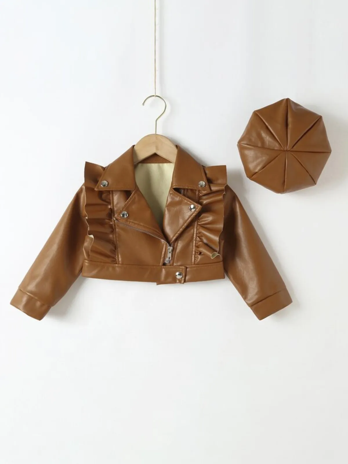 Stylin' Ruffle Trim PU Crop Jacket and Hat Set