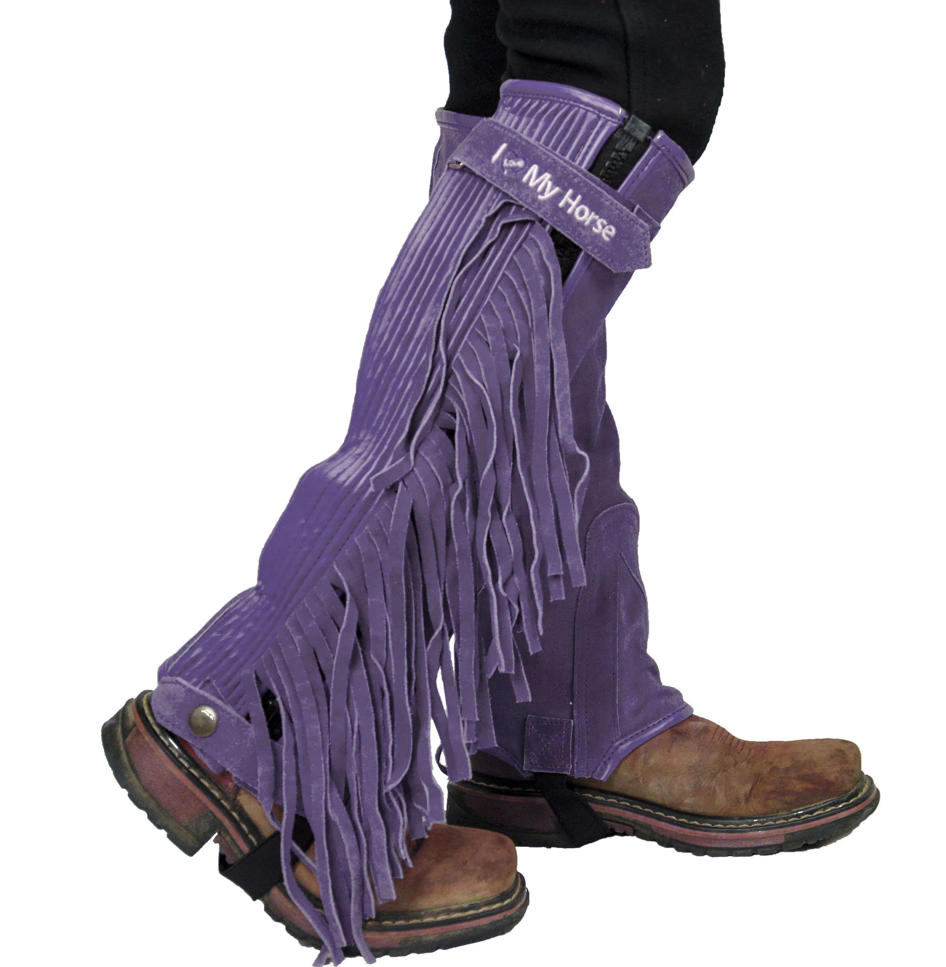 Tahoe Tack Childrens Suede Leather Multi Purpose "I Love My Horse" Half Chaps with Fringes for Horseback Riding or Motorcycle Use