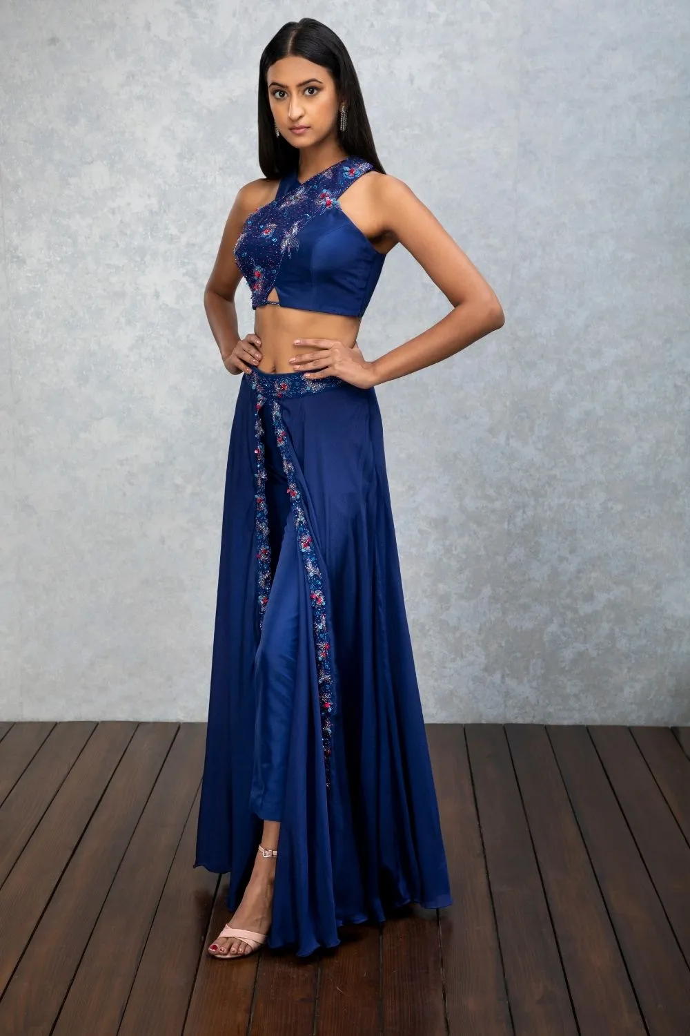 Tanzanite blue pant set with attached skirt