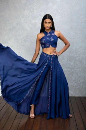 Tanzanite blue pant set with attached skirt