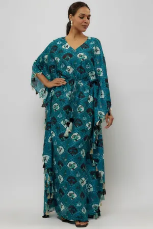 Teal Printed Silkmul Kaftan