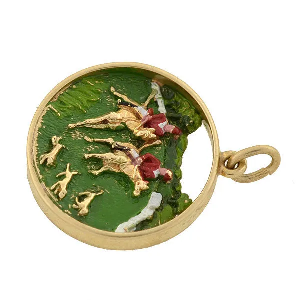 Vintage 14kt Enameled Equestrian Fox Hunt Pendant