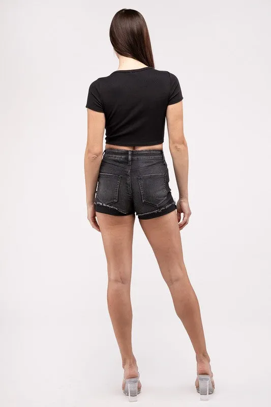 Washed Black Cuffed Hem Denim Shorts