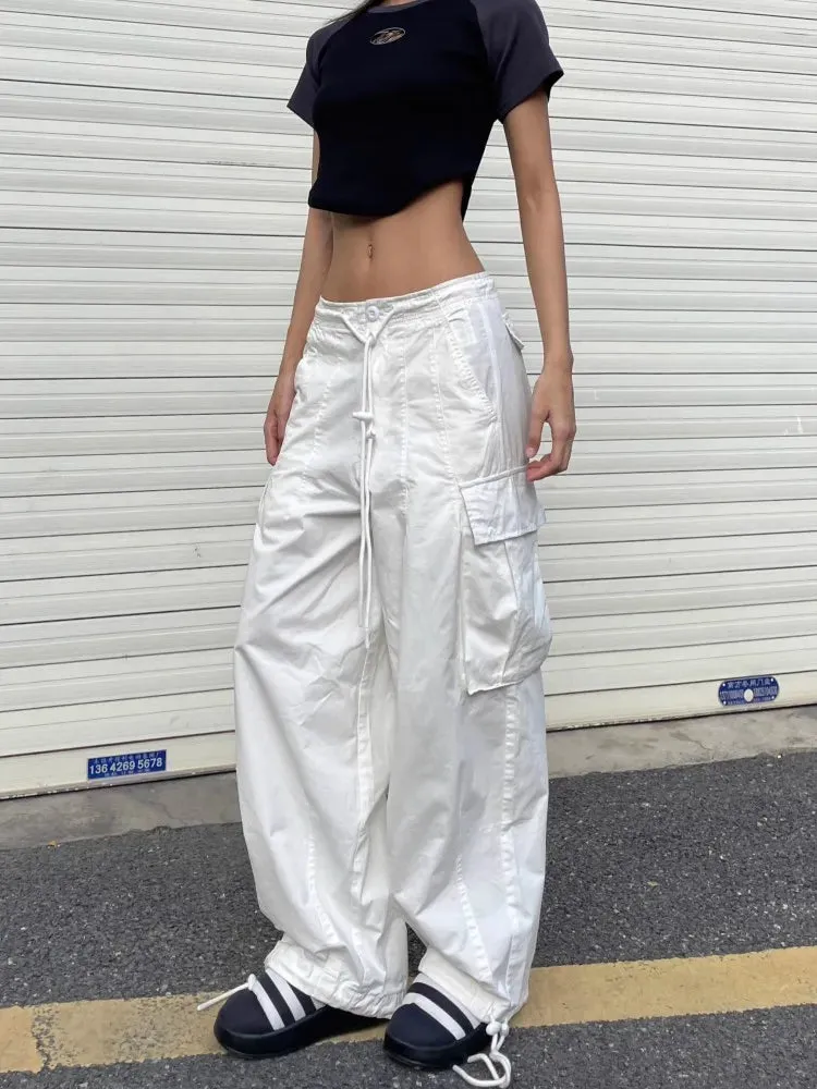 White Spicy Girl Workwear Pants, Drawstring Pockets, Loose Fitting Wide Leg trouser