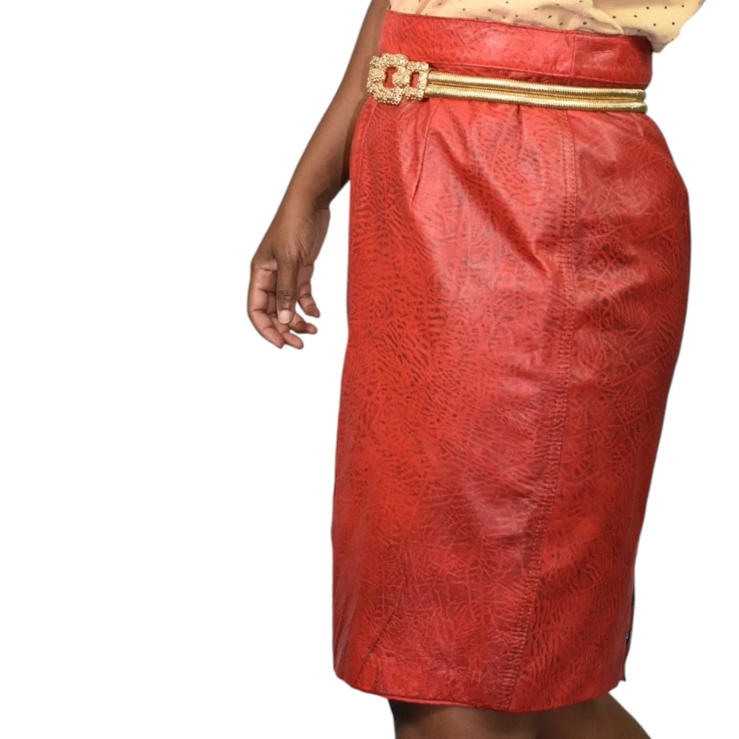 Wilsons Vintage Leather Skirt Red Print Textured Pencil 80s 90s High Waist Straight Classic Size 8