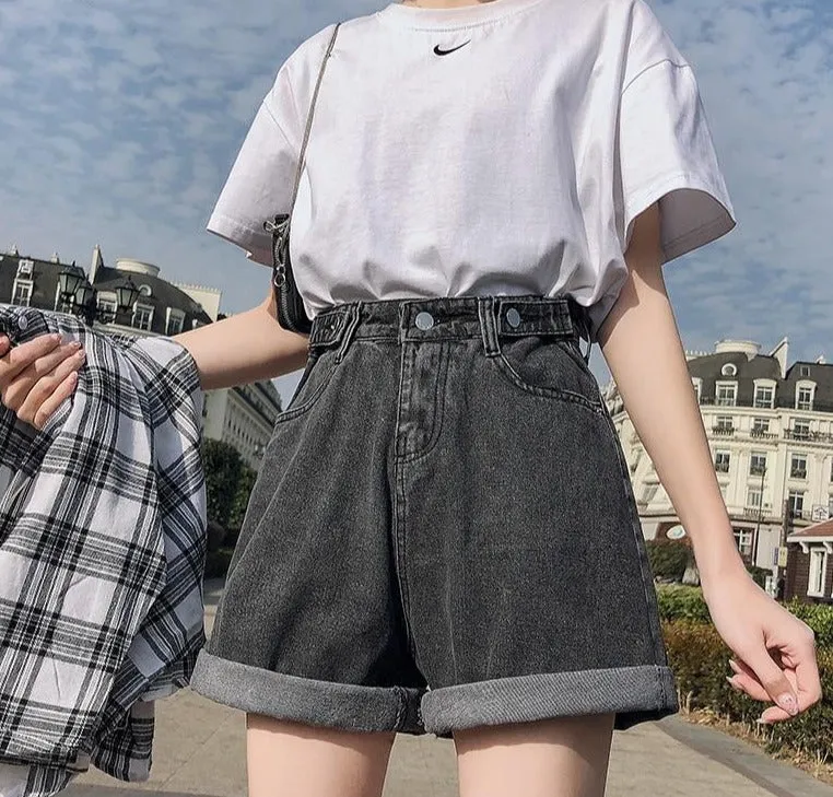 Women Denim Shorts | High Waist Button Shorts| Short length Shorts | Streetwear Shorts | Blue Denim Shorts | Casual Jeans | Wide Leg Shorts