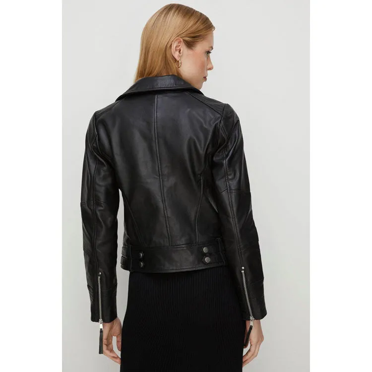 Women's Black Leather Detail Biker Jacket By 3A