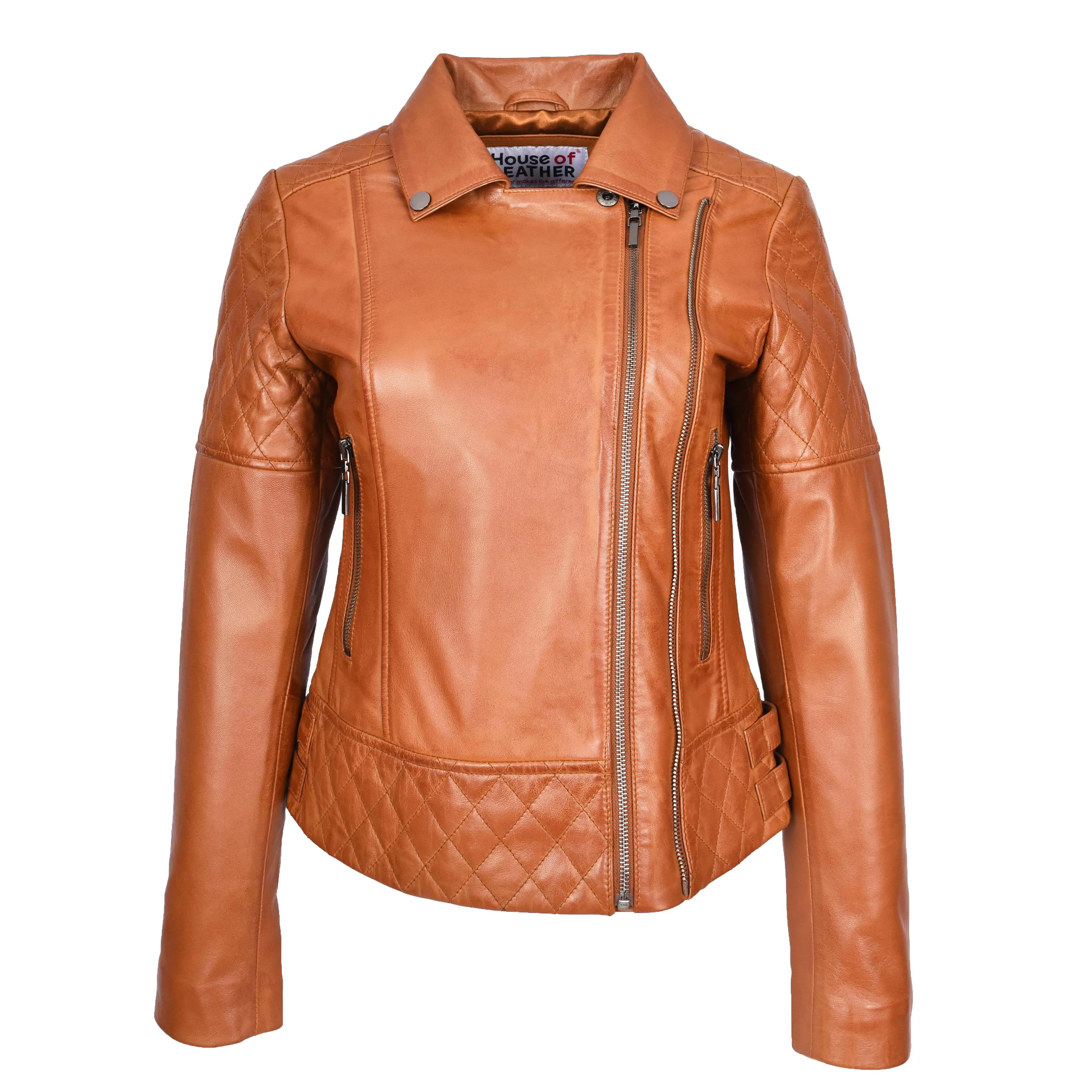 Women's Real Leather Jacket Multi Cross Zip Biker Style Fitted Quilted Nixi Tan