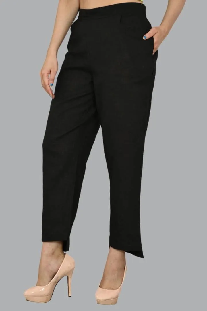 WOMENS SOLID COTTON SLUB UP AND DOWN STYLE TROUSER